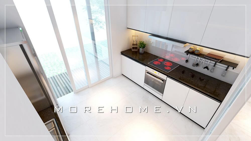 Thiết kế nội thất phòng bếp biệt thự hiện đại, tinh tế với tone màu trắng và tiện nghi cho người nội trợ
